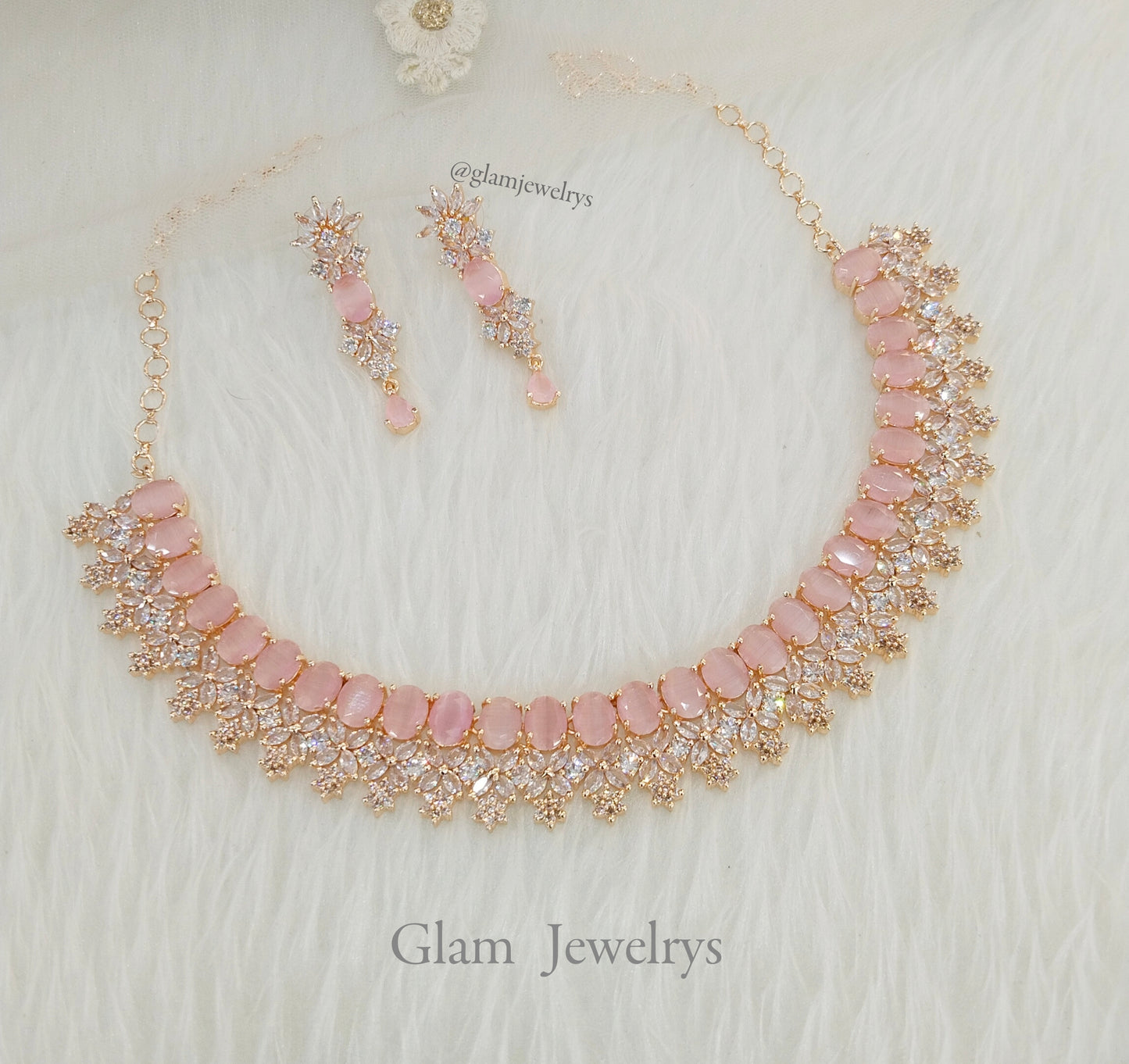 American Diamond Necklace set, rose pink bridal necklace set CZ vallejo necklace Jewellery set