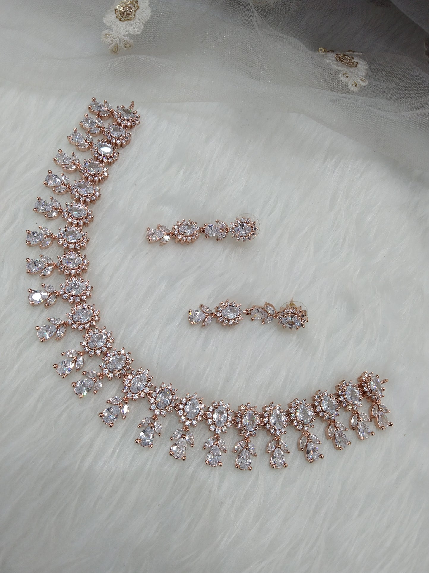 Cubic zirconia diamond necklace set, rose gold bridal necklace set CZ tenmodi necklace set