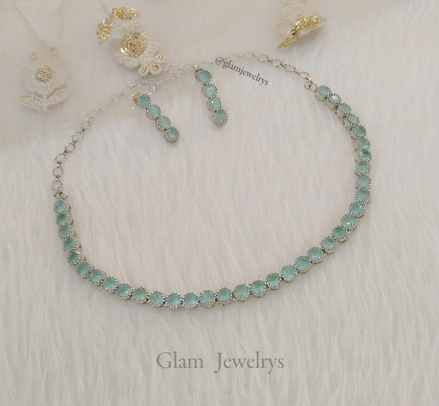 American diamond Necklace Jewellery set, silver seagreen necklace set CZ dans necklace set
