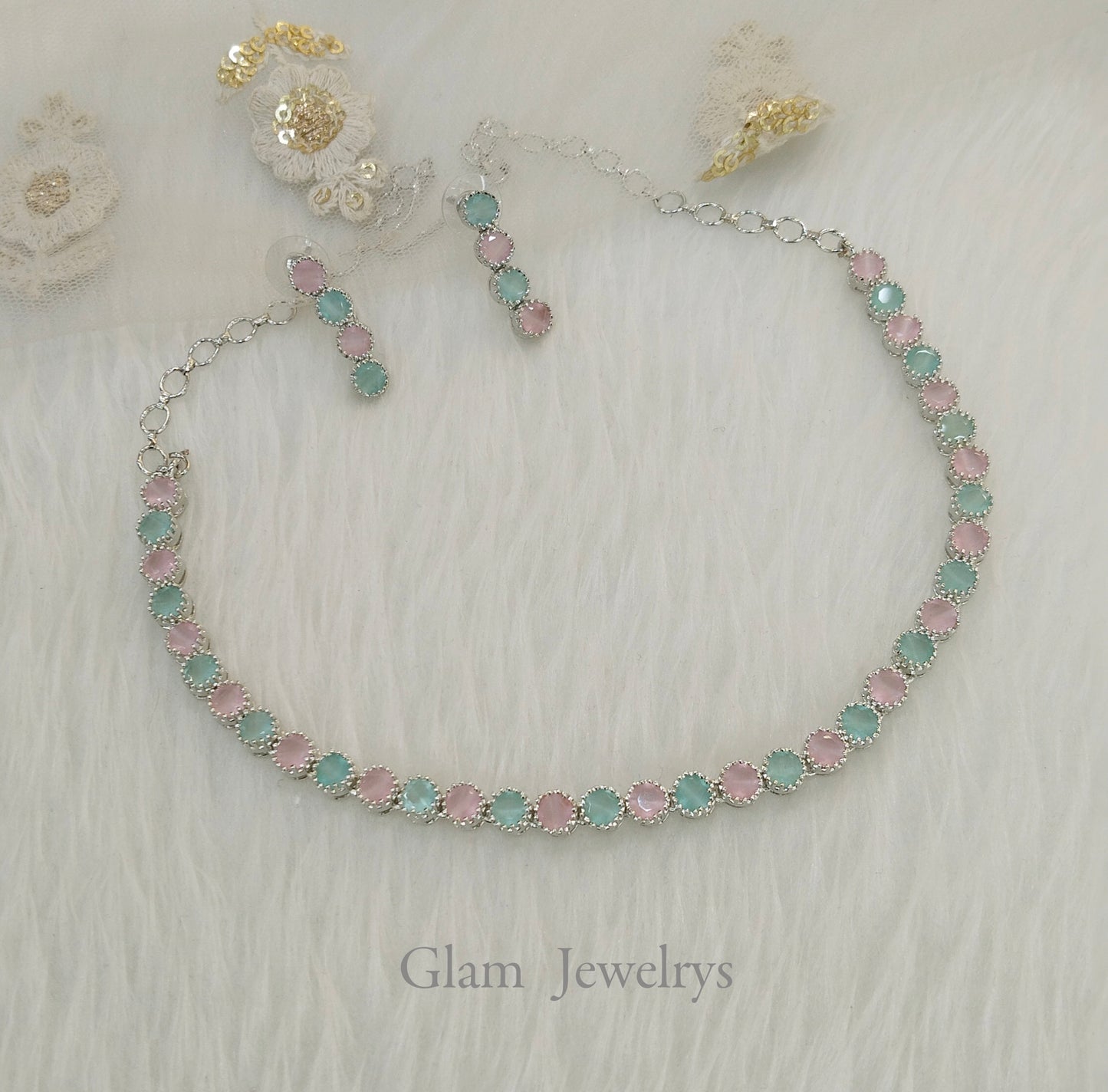 American Diamond Necklace Jewellery set, silver seagreen pink necklace set CZ dans necklace set