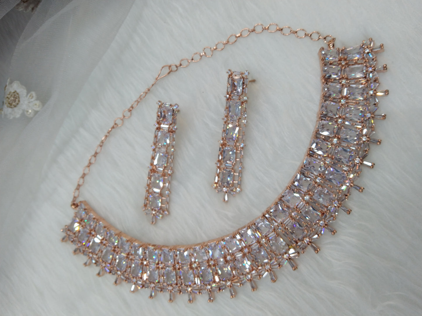 Cubic zirconia diamond necklace set, rose gold bridal necklace set CZ tenmodi necklace set
