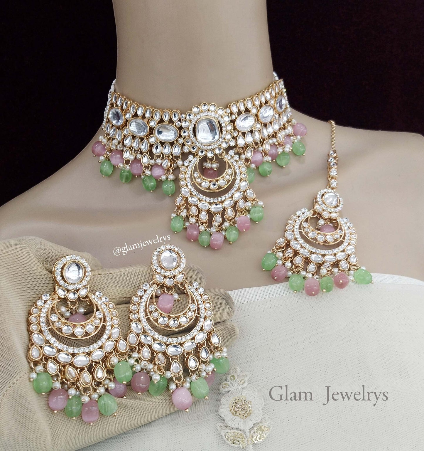 Indian Jewellery Gold mint pink Kundan choker Set/ kundan choker hira Set