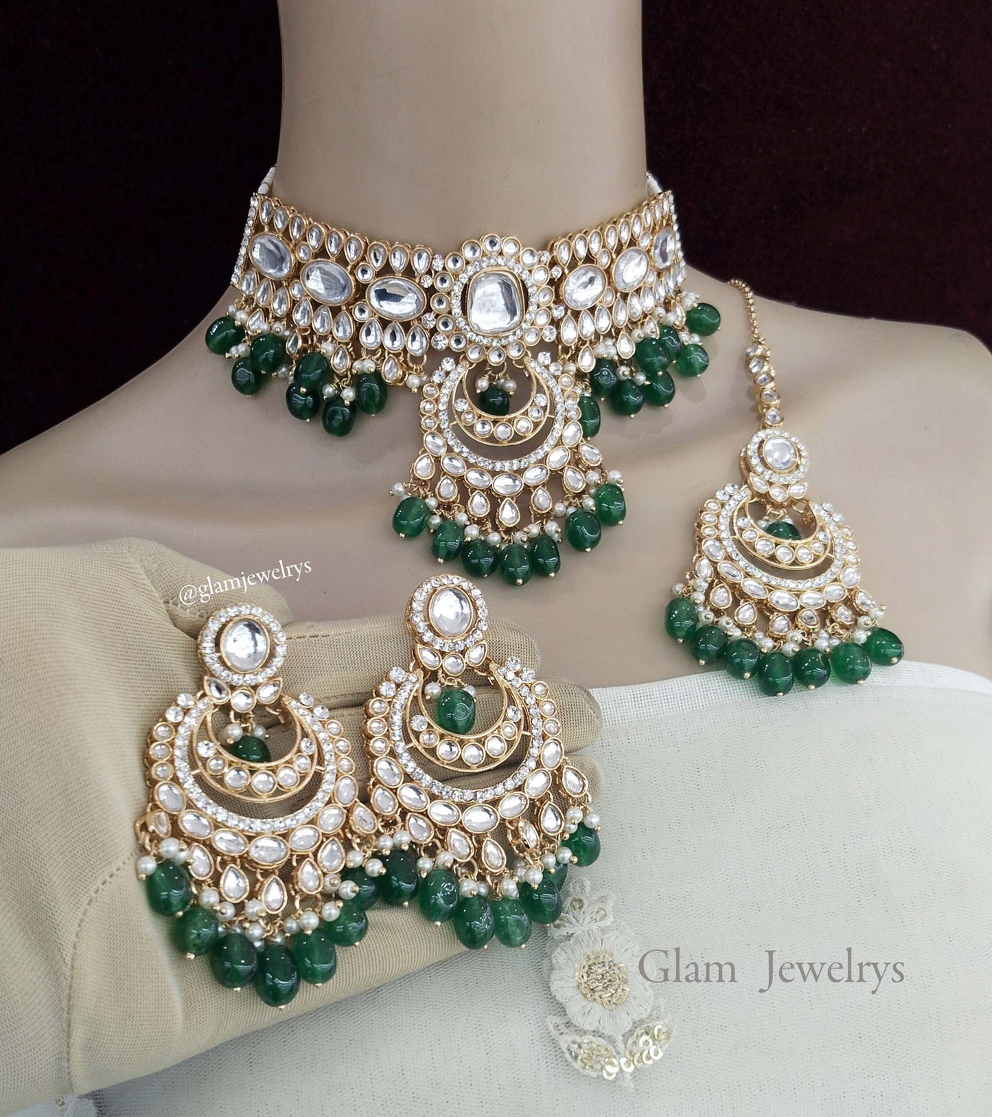 Indian Jewellery Gold maroon Kundan choker Set/ kundan choker hira Set