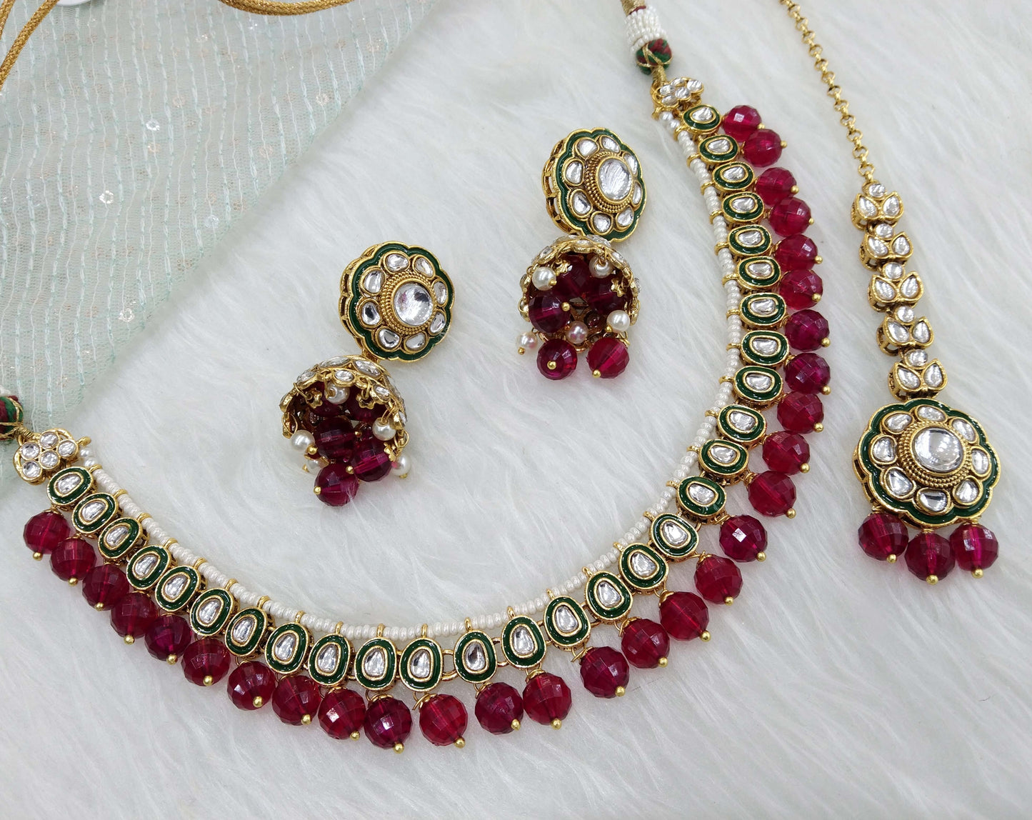 Indian jewellery gold majenta kundan Set/ kundan holi Set