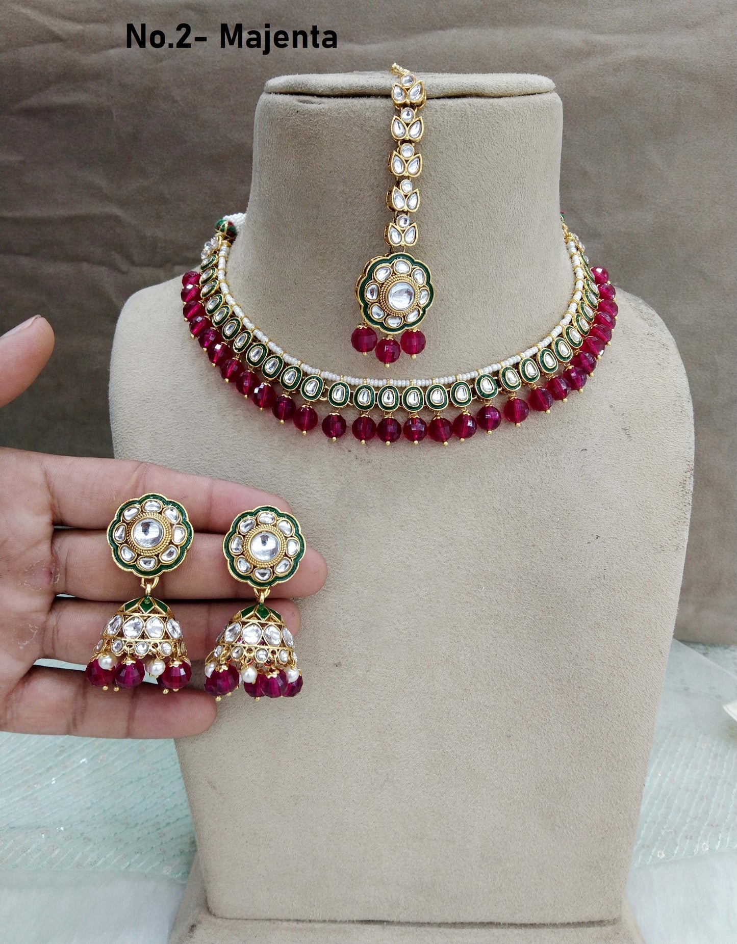 Indian jewellery gold majenta kundan Set/ kundan holi Set