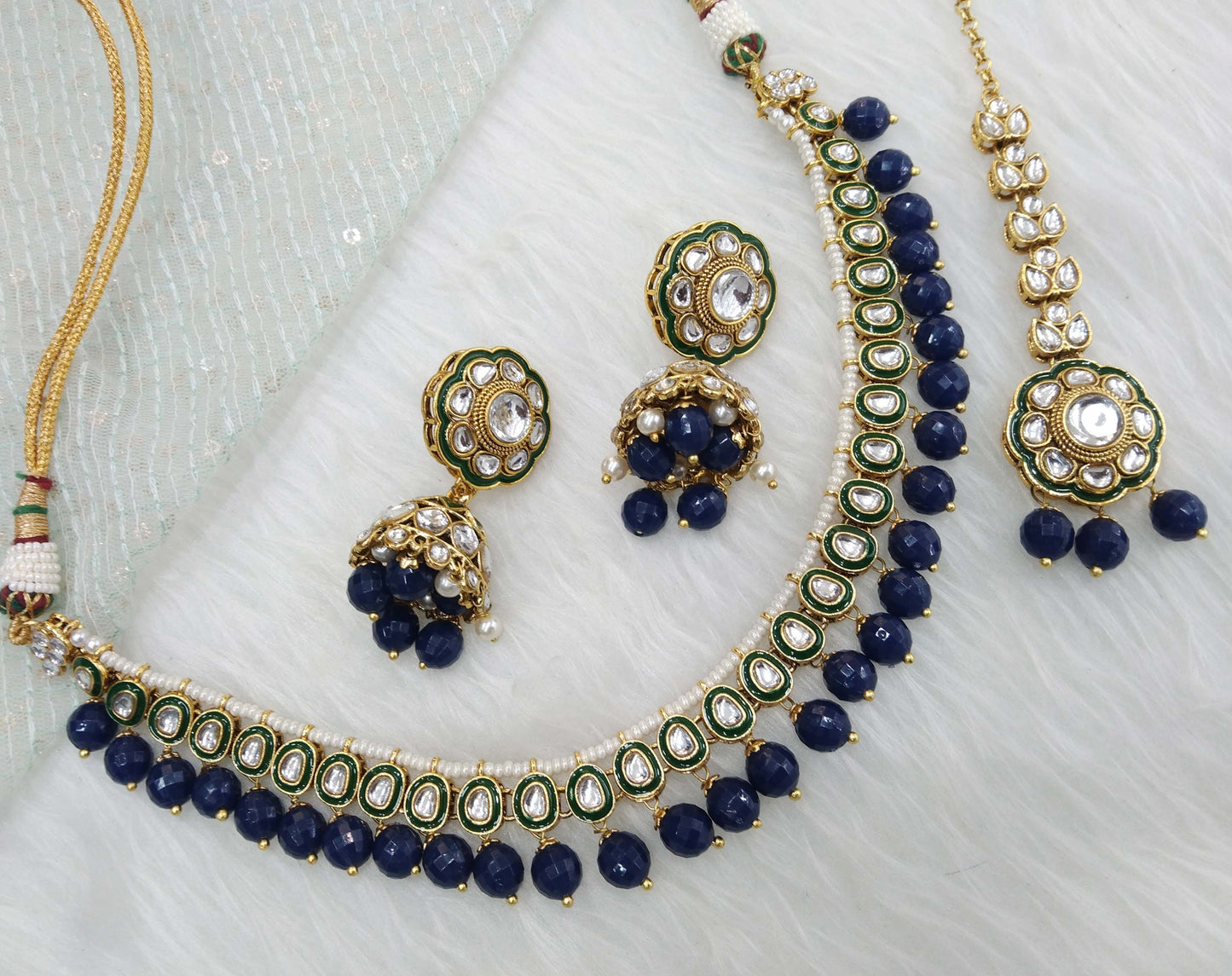 Indian  jewellery gold blue kundan Set/ kundan  holi Set