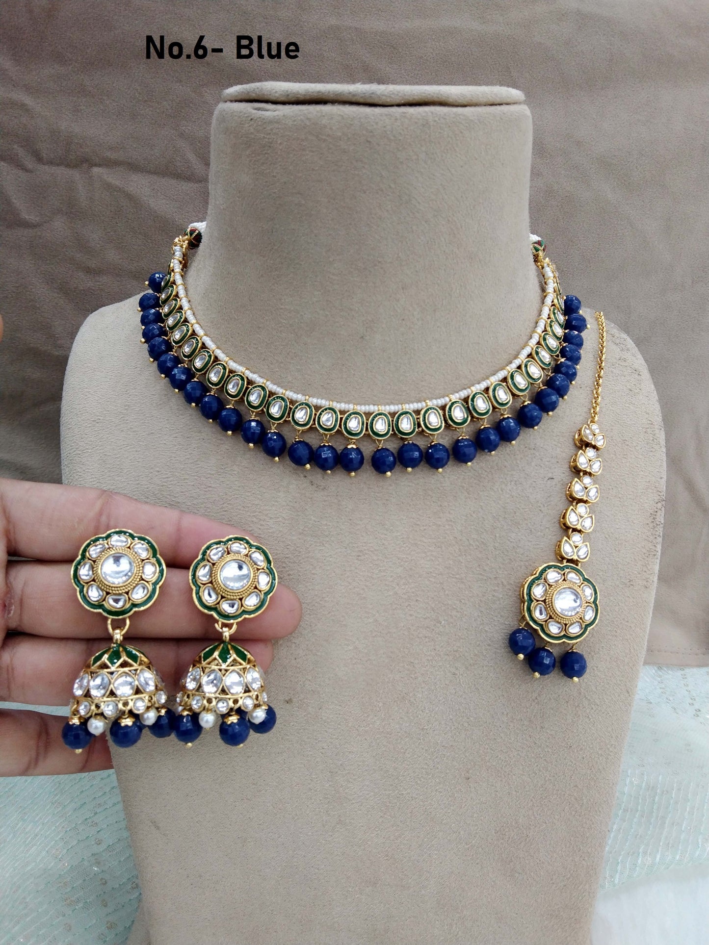 Indian  jewellery gold blue kundan Set/ kundan  holi Set