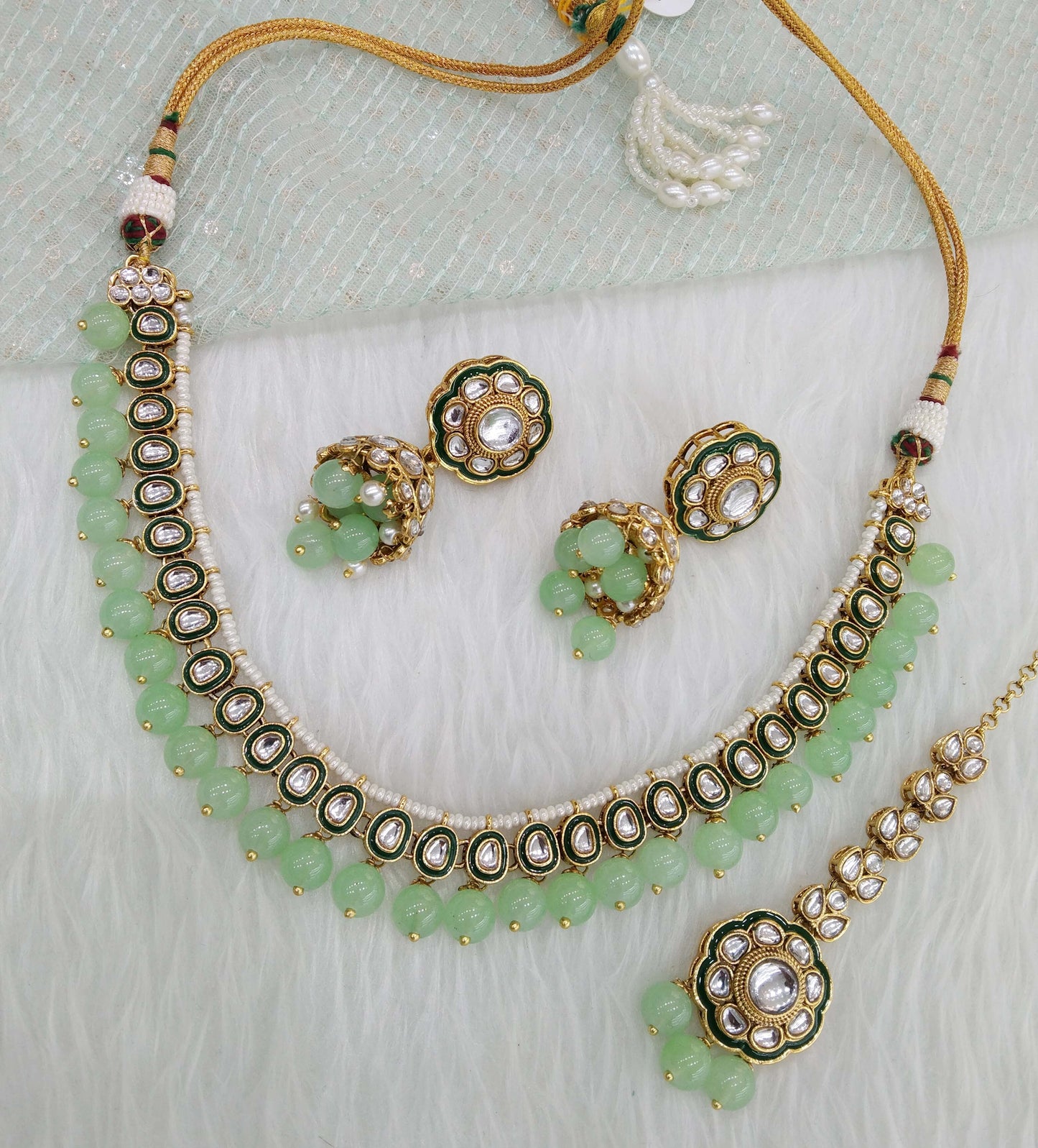 Indian jewellery gold pastel green kundan necklace Set/ kundan holi Set