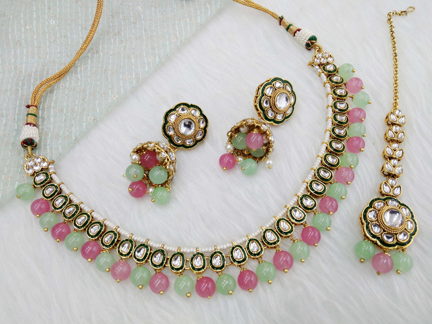 Indian jewellery gold gajjri mint kundan necklace Set/ kundan holi Set