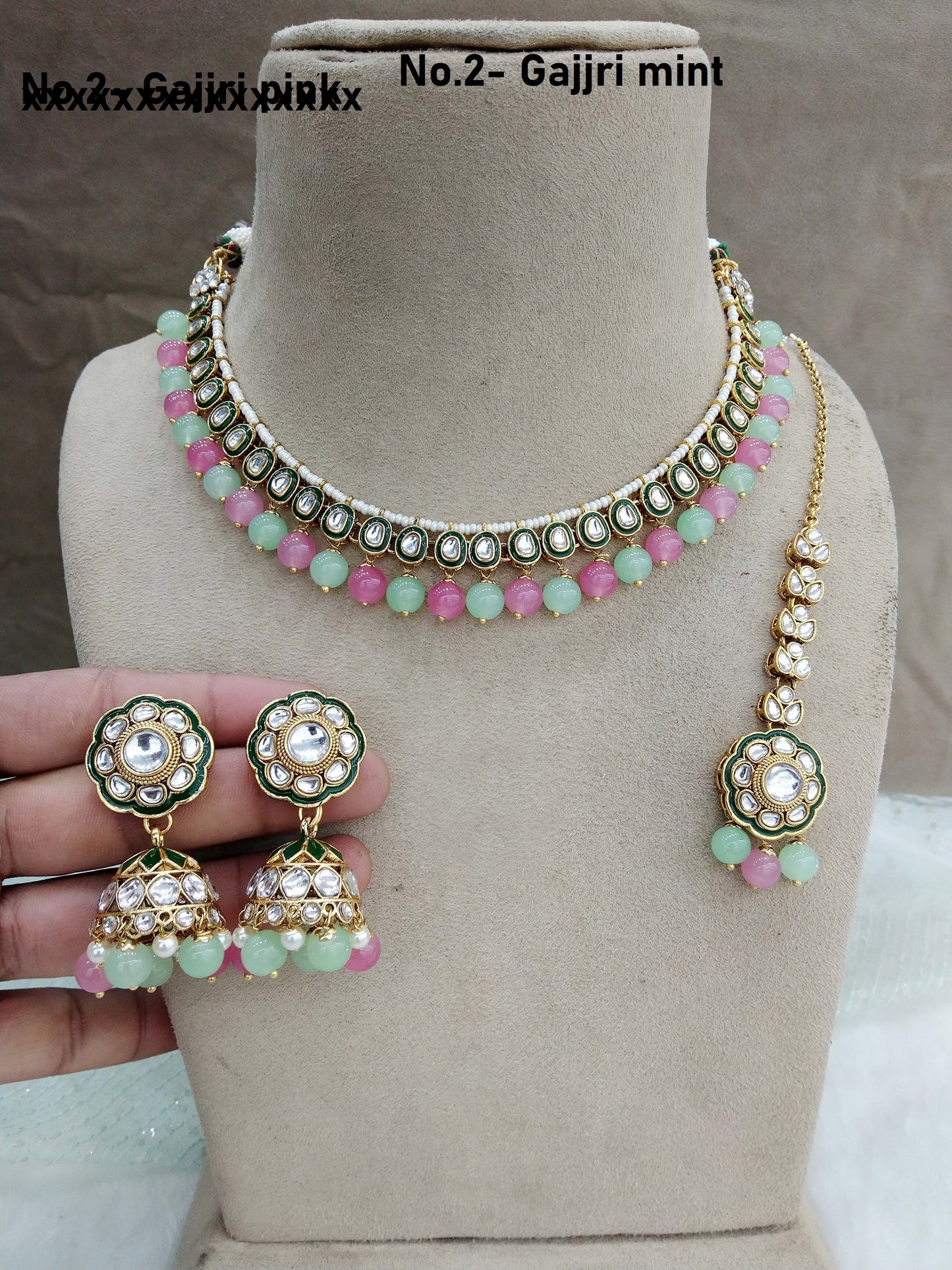 Indian jewellery gold gajjri mint kundan necklace Set/ kundan holi Set