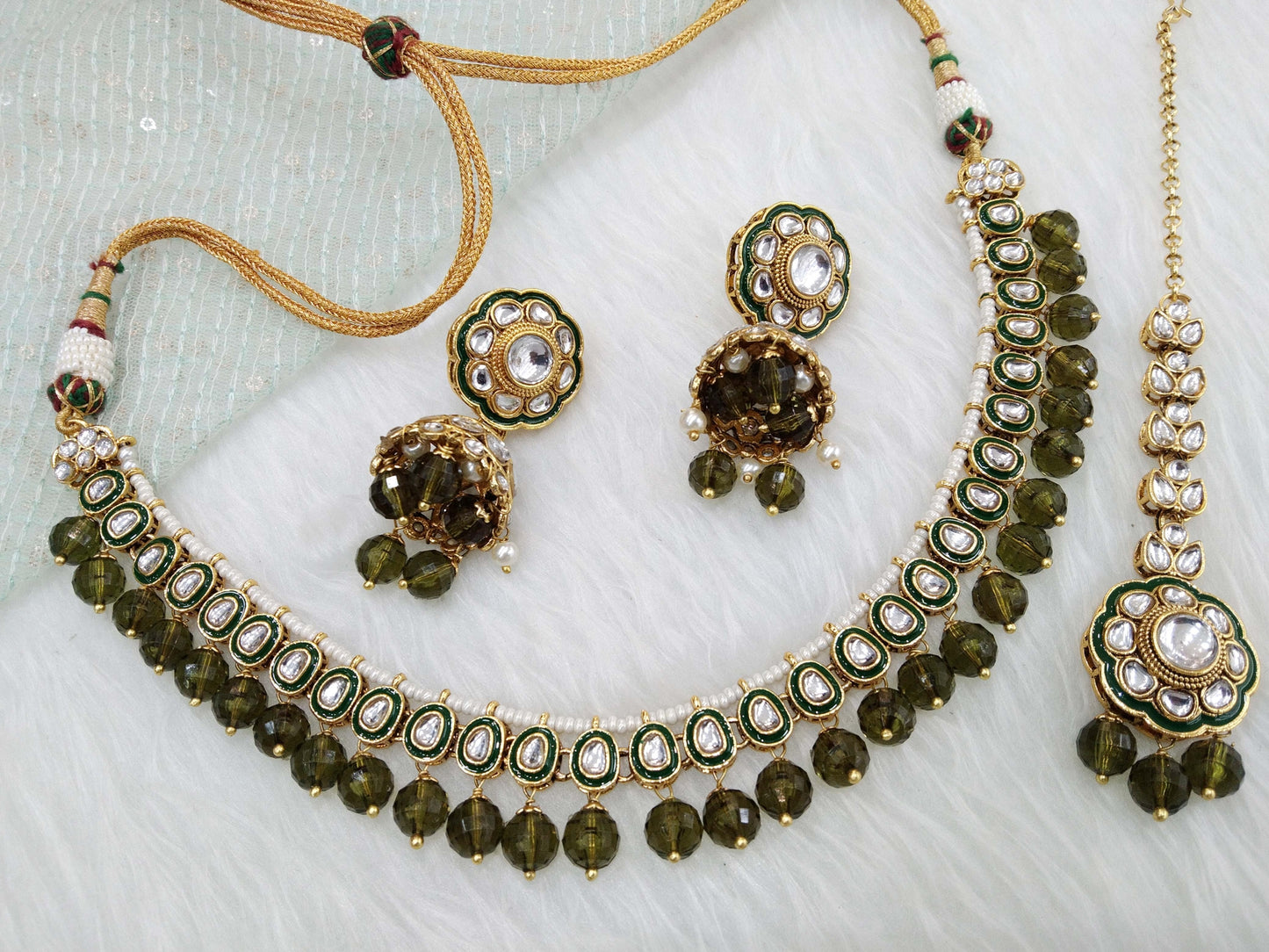 Indian jewellery gold mehndi kundan necklace Set/ kundan holi Set