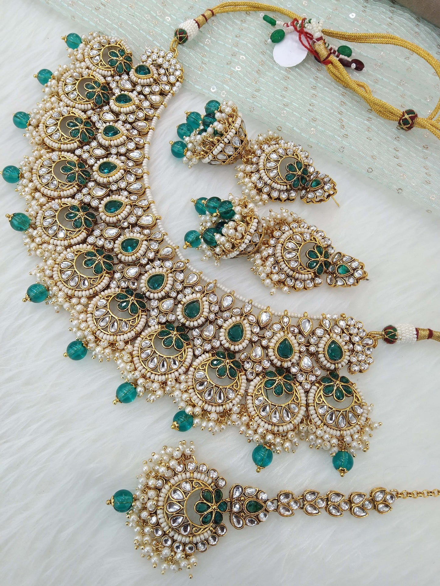 Indian Jewellery/ Gold Bridal Kundan necklace Set Indian gold rama green Harris Necklace