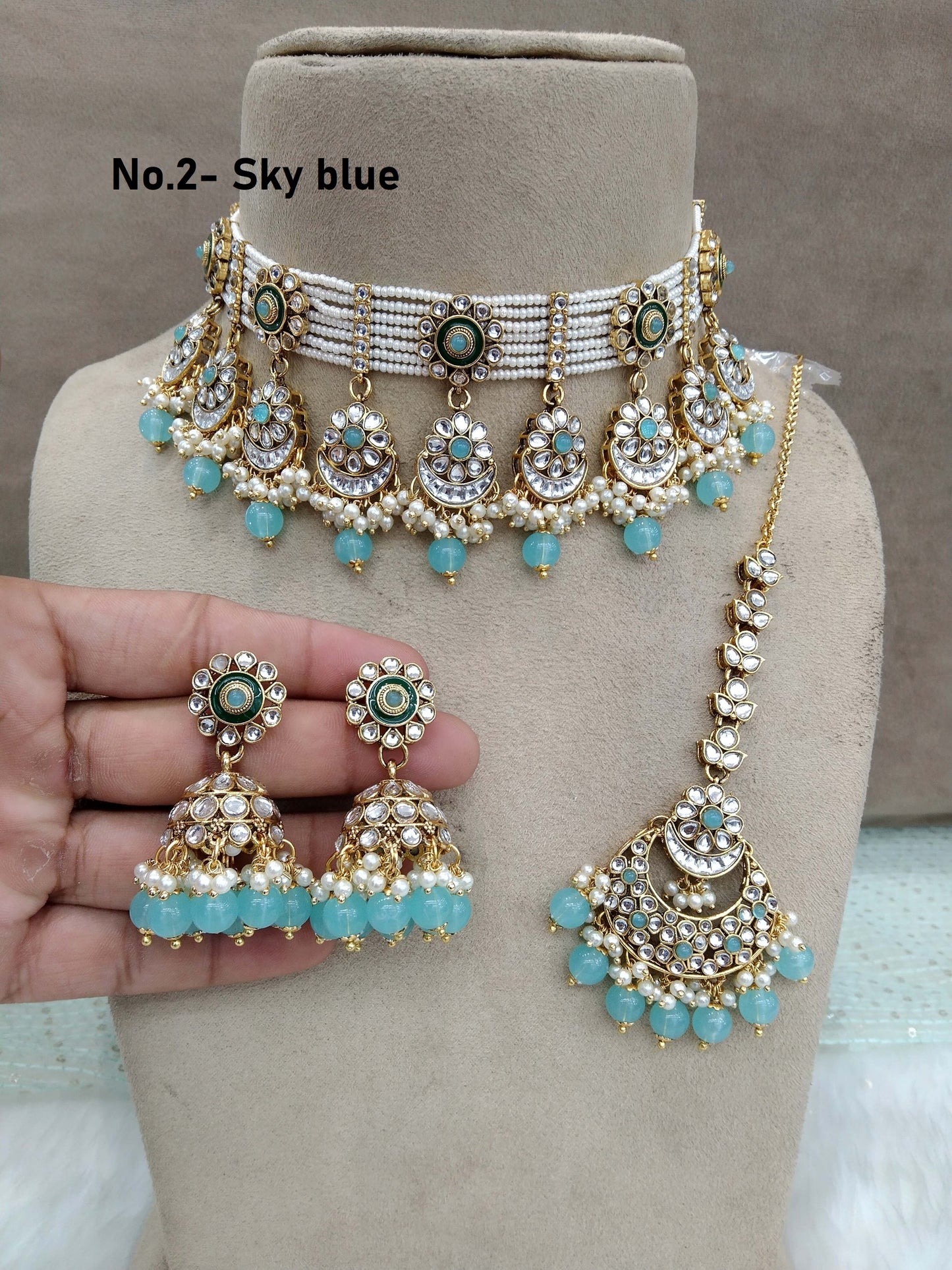 Indian jewellery Gold sky blue kundan choker set/ kundan choker kundan hiska set