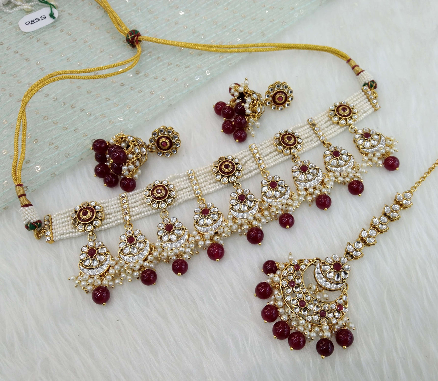 Indian Jewellery Gold Maroon Kundan Choker Set/ kundan choker kundan hiska set