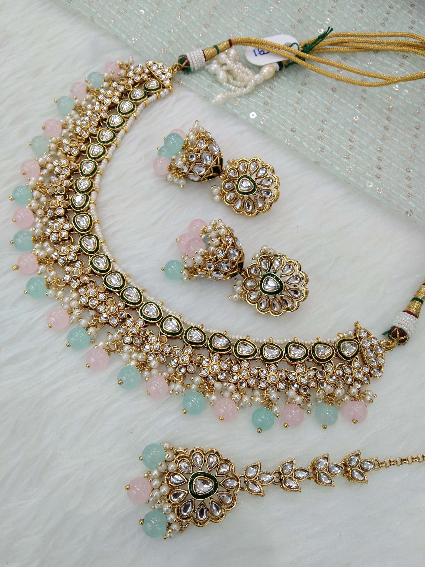 Indian jewellery/ Gold sea green semi bridal kundan choker necklace set Indian hichi Wedding Jewellery