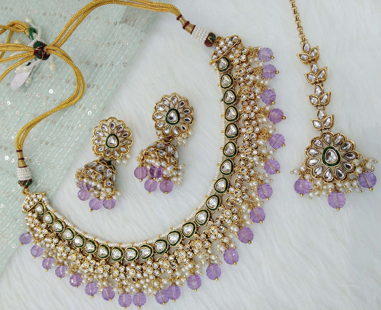 Indian jewellery/ Gold lavender semi bridal kundan choker necklace set Indian hichi Wedding Jewellery