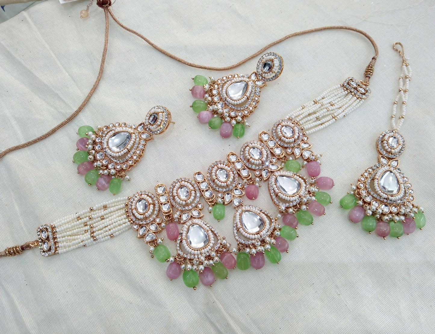 Rose gold choker kundan necklace Set/ rose pink green Indian choker hudi Jewellry