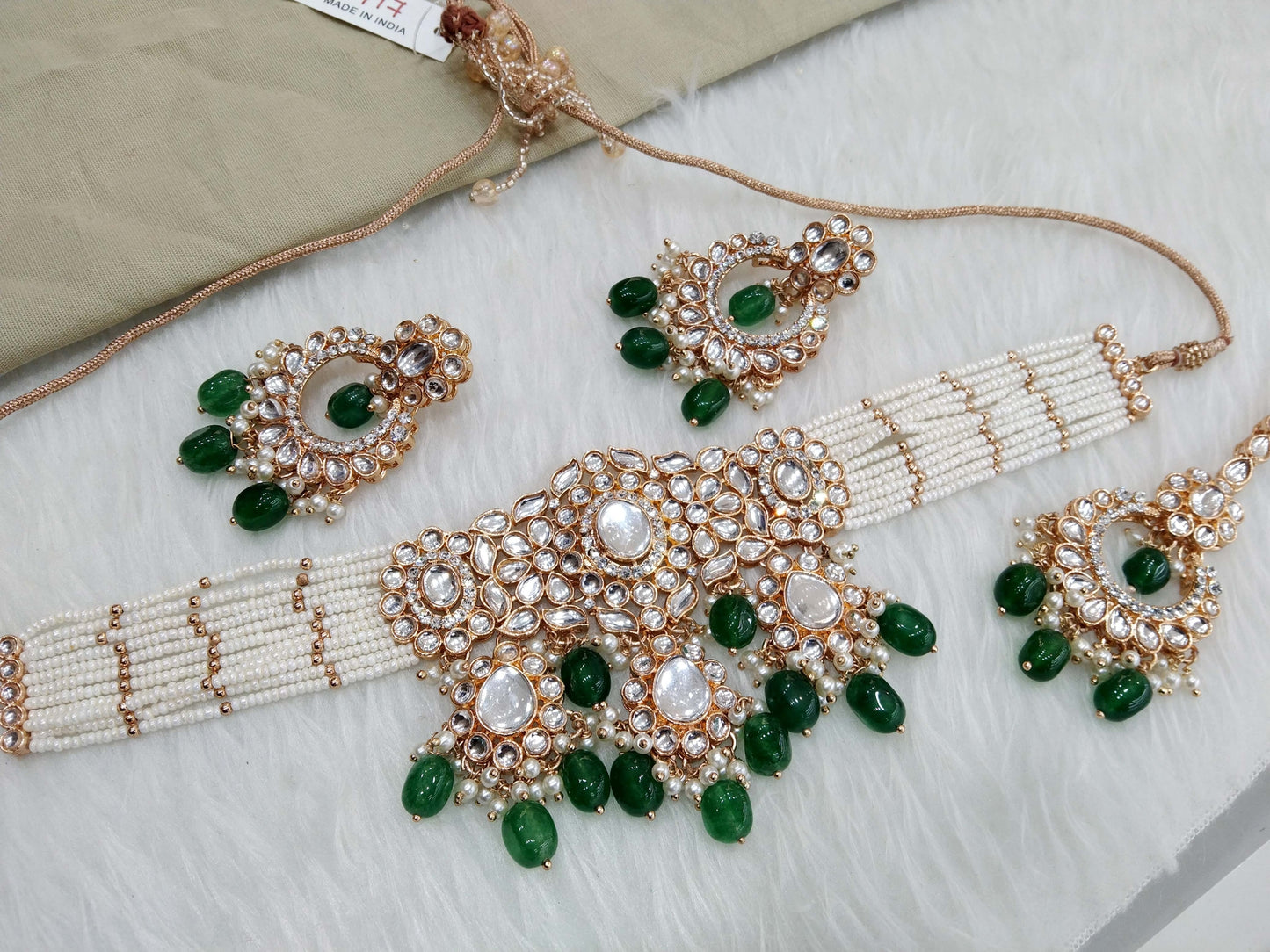 Rose gold choker kundan necklace Set/ rose green Indian choker huchi Jewellery