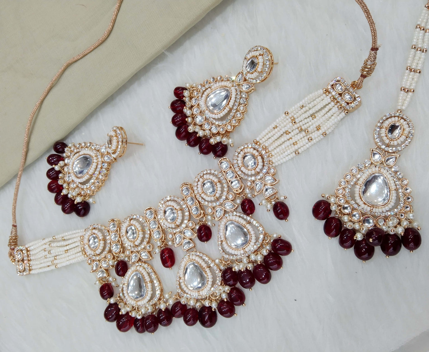 Rose gold choker kundan necklace Set/ rose maroon Indian choker hudi Jewellery