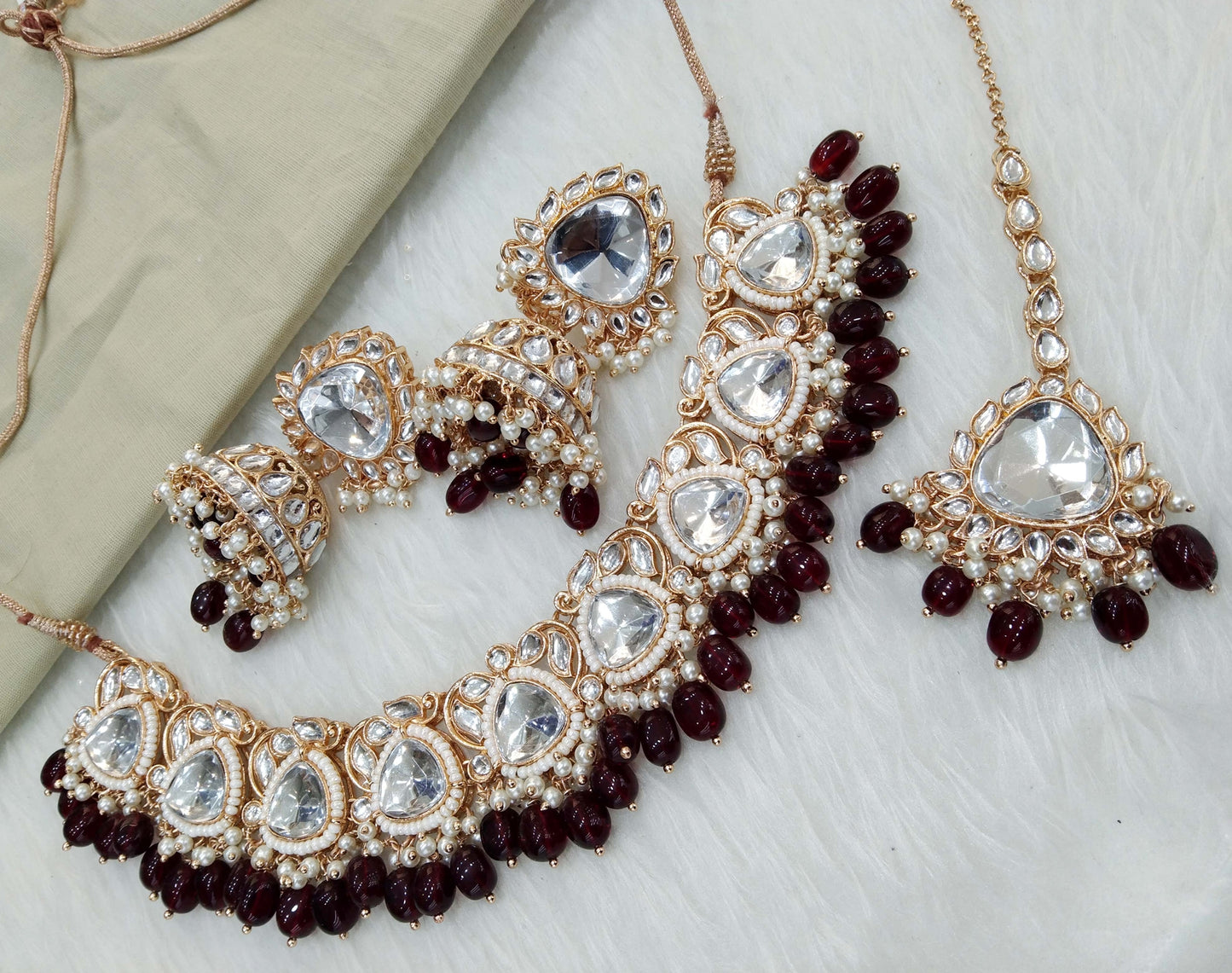 Rose gold kundan necklace Set/ Rose gold maroon Indian kundan hari sets