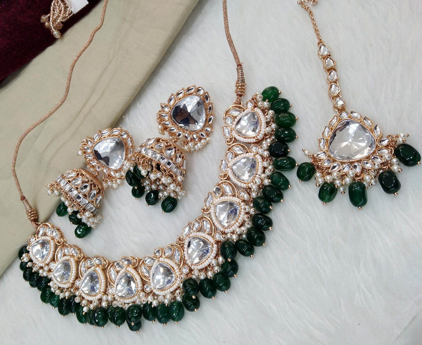 Rose gold kundan necklace Set/ Rose gold green Indian kundan hari sets