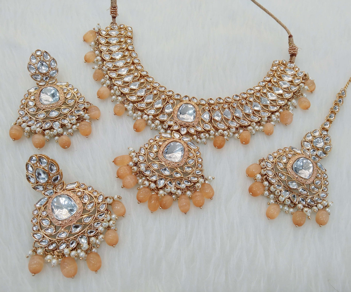 Peach Kundan Necklace Jewellery Set/ Punjabi Indian Hari Set