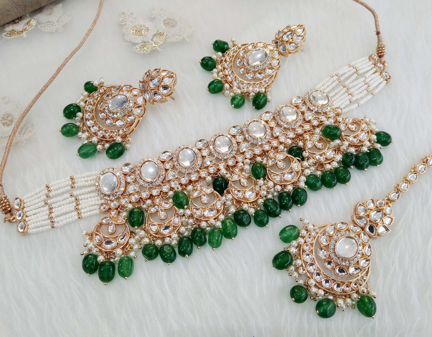 Rose gold choker kundan necklace Set/ Rose green Indian choker hema Jewellery
