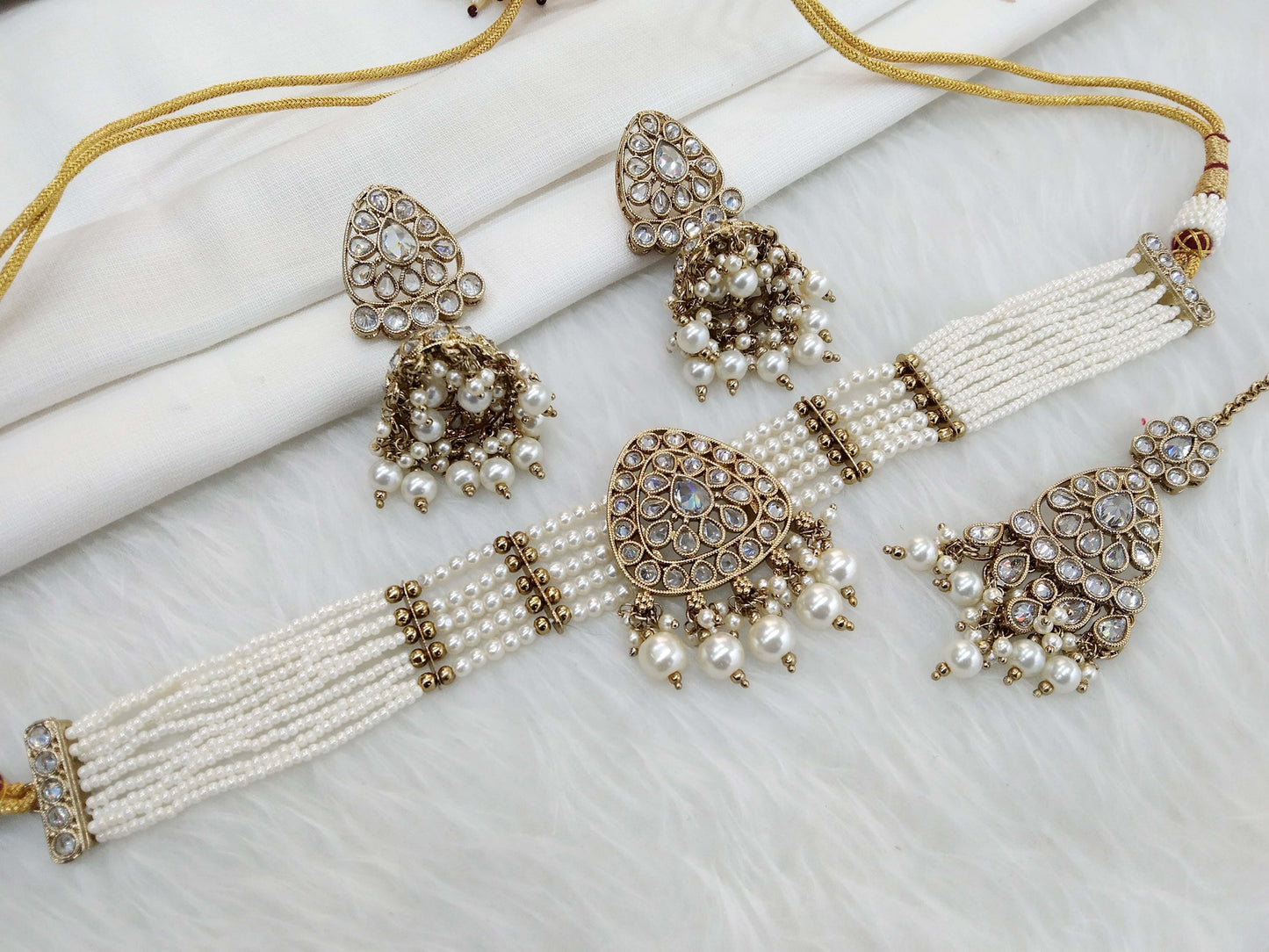 Antique gold choker Set/ Clear crystals choker Indian rasha Jewellry