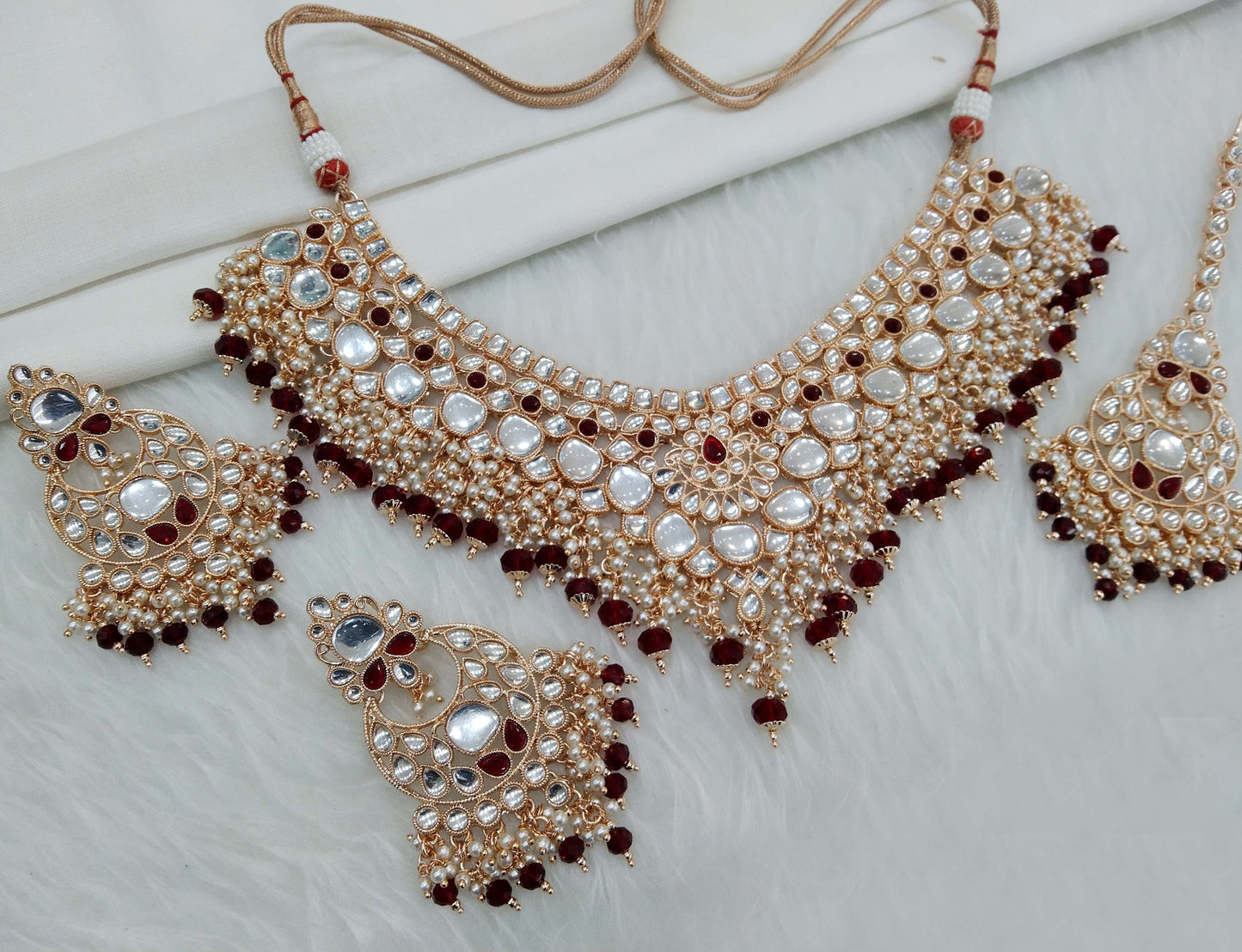 Rose gold kundan necklace Set/ Rose gold maroon white Indian kundan raha sets