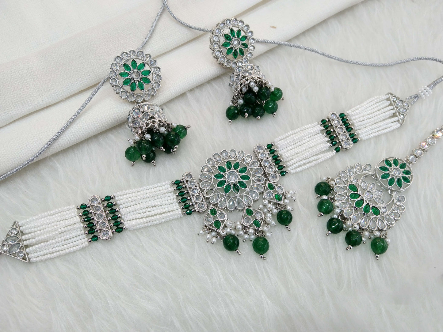 Silver green Jewellery Choker Set /Silver finish green Jewellery zelly choker set