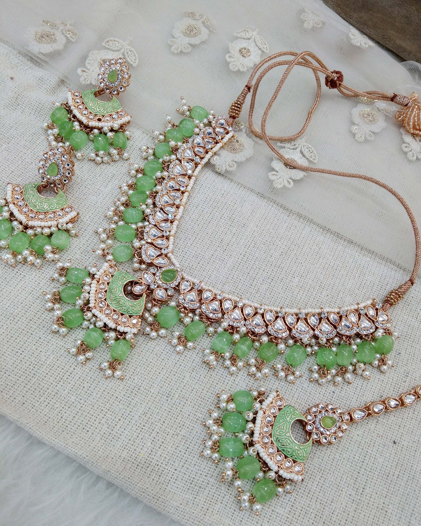 Indian Jewellery Rose gold Kundan pastel green necklace most set