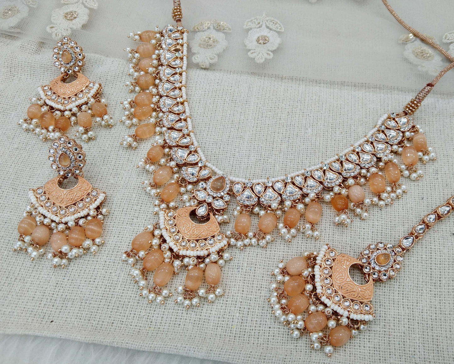 Indian Jewellery Rose gold Kundan peach necklace most set