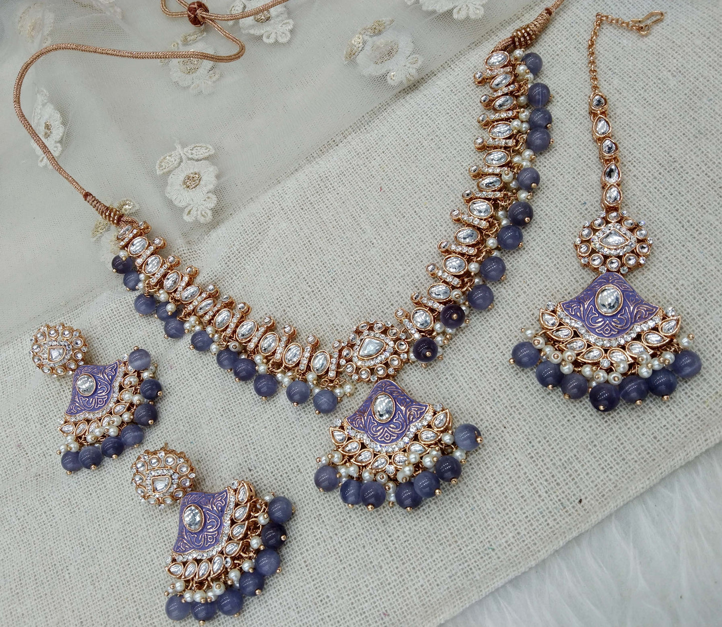Indian Jewellery Rose gold Kundan purple necklace most set