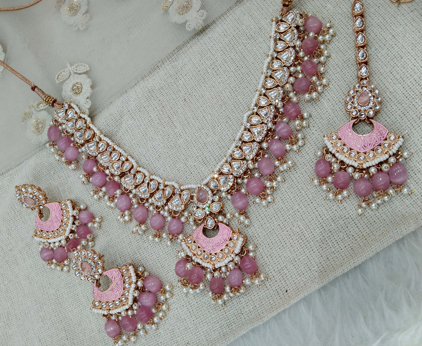 Indian Jewellery Rose gold Kundan pink necklace most set
