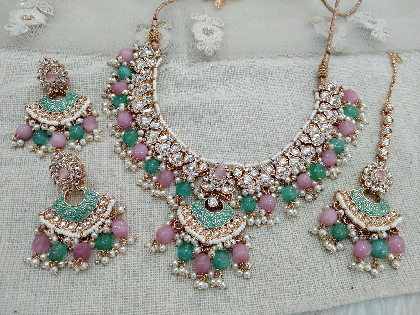 Indian Jewellery Rose gold Kundan sea green necklace most set
