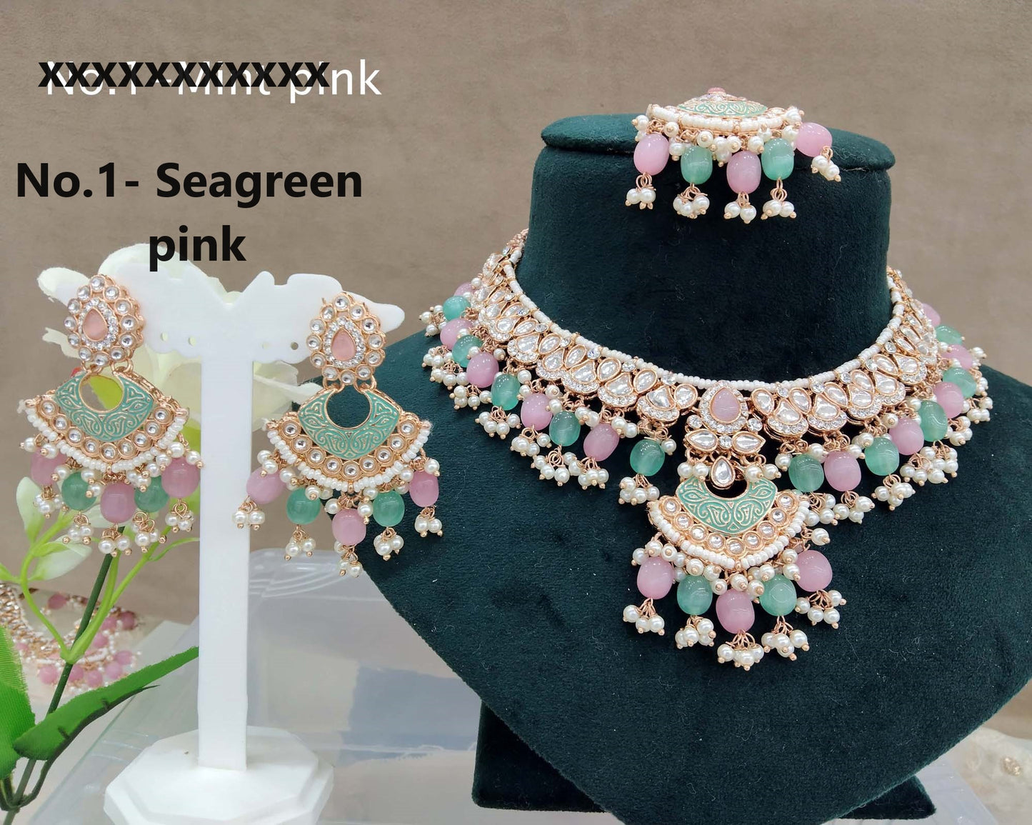 Indian Jewellery Rose gold Kundan sea green necklace most set