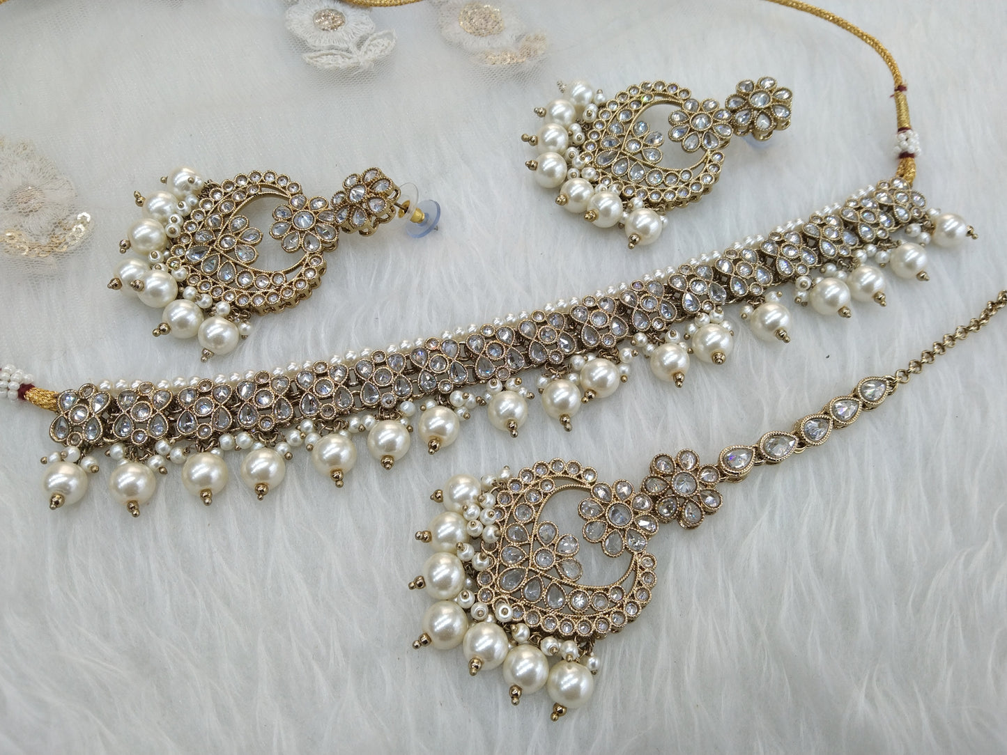 Antique Gold Choker Jewellery Set/ dark gold clear crystals choker Indian host Jewellery Online
