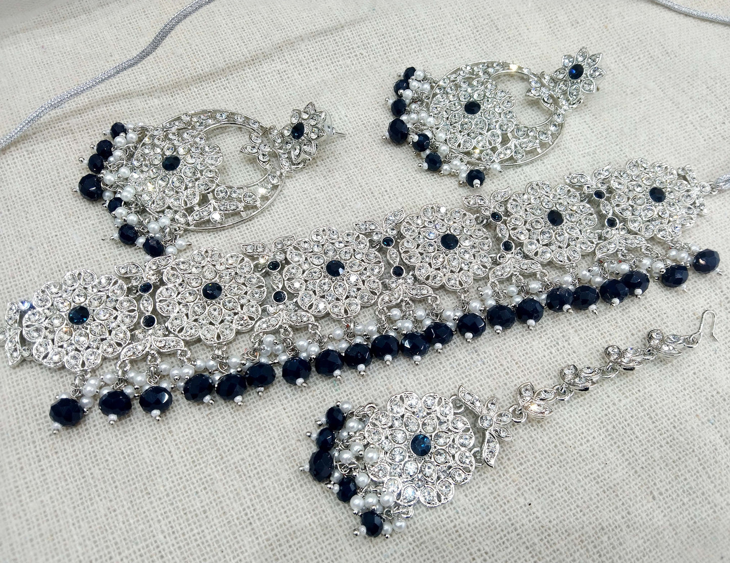 Silver Jewellery Choker Set /Rhodium finish silver blue Jewellery choker foji set