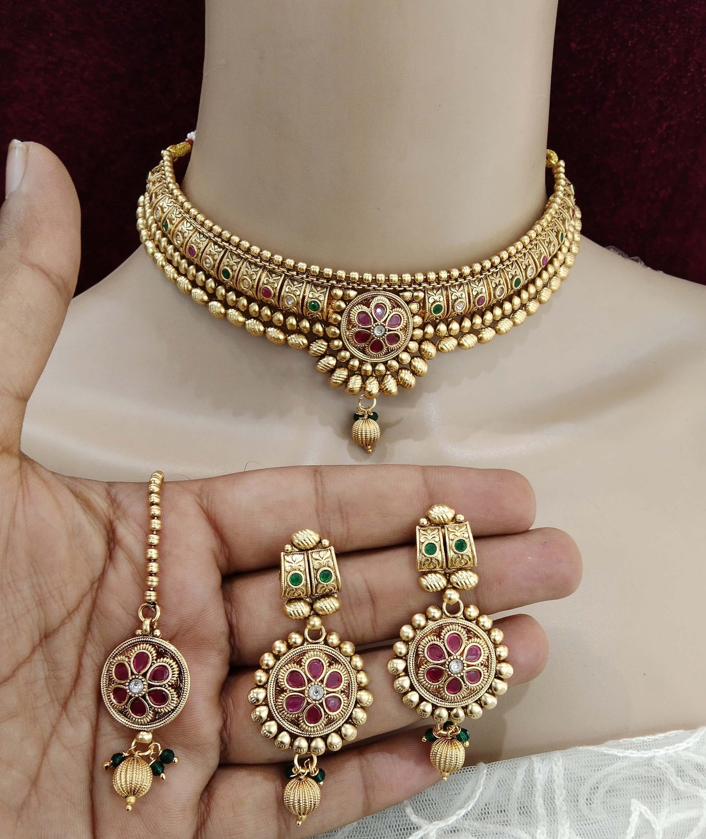 Choker set Polki indian Jewelry Jewellery choker Set/ Bollywood Style Gold Finish South Indian beams bridal Jewelry