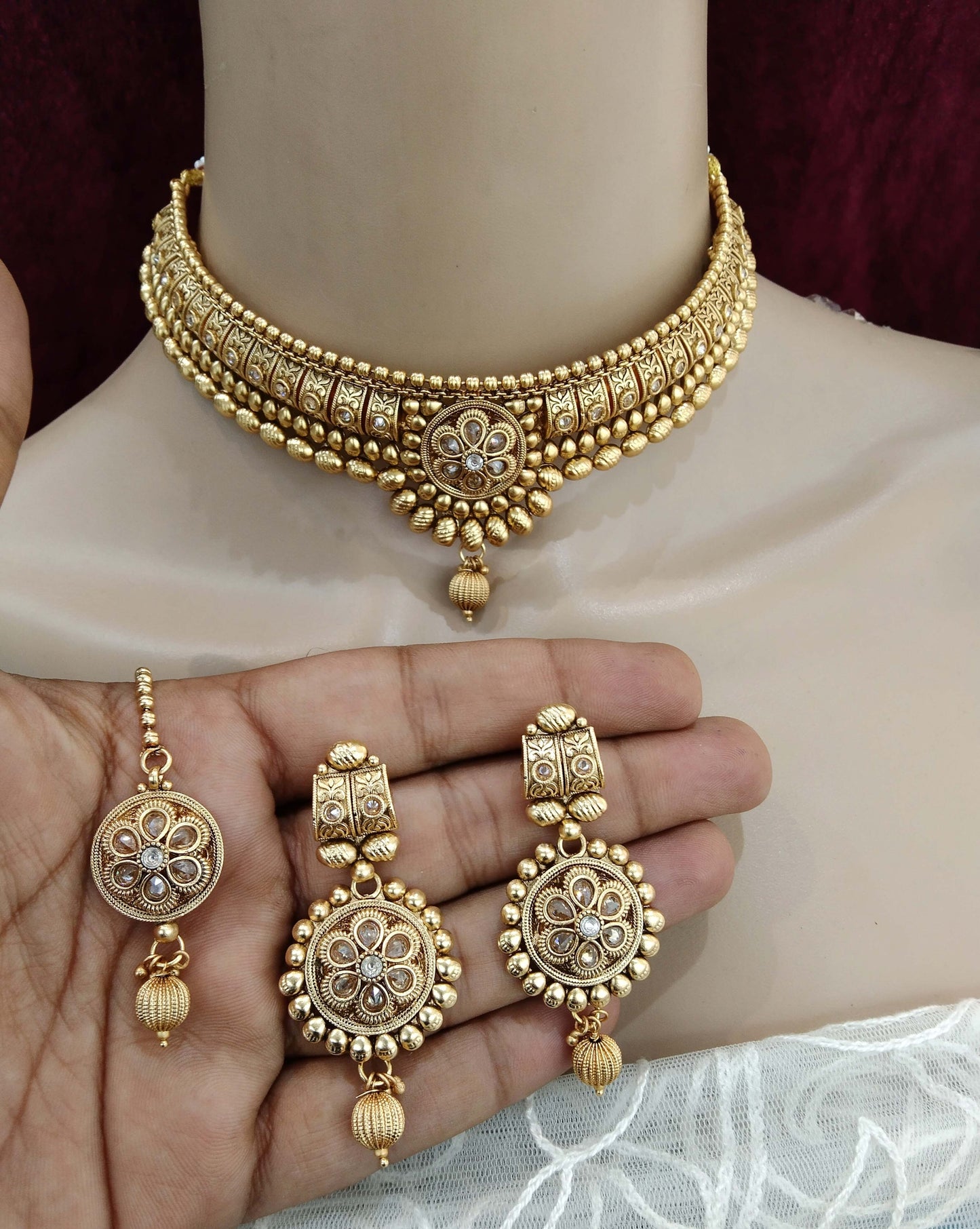 Choker set Polki indian Jewelry Jewellery choker Set/ Bollywood Style Gold Finish South Indian beams bridal Jewelry