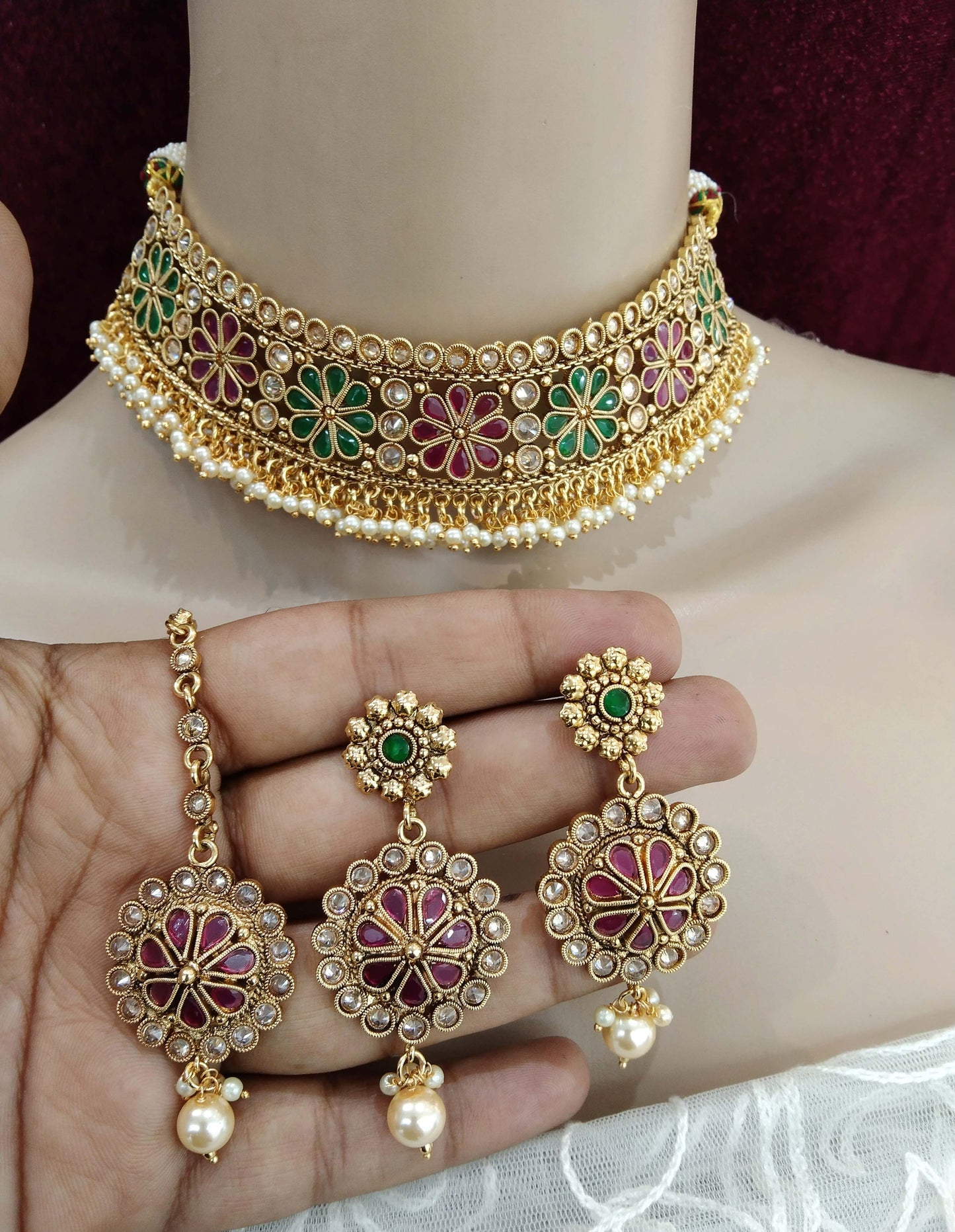 Choker Set Polki indian Jewellery choker Set/ Bollywood Style Gold Finish South Indian beams bridal Jewellery