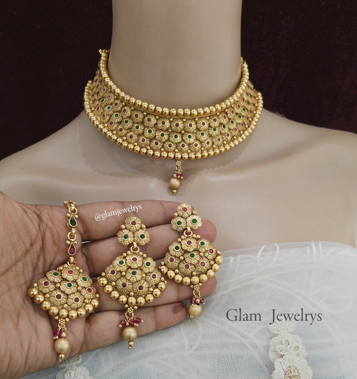 Choker Set Polki indian Jewellery choker Set/ Bollywood Style Gold Finish South Indian beams bridal Jewellery