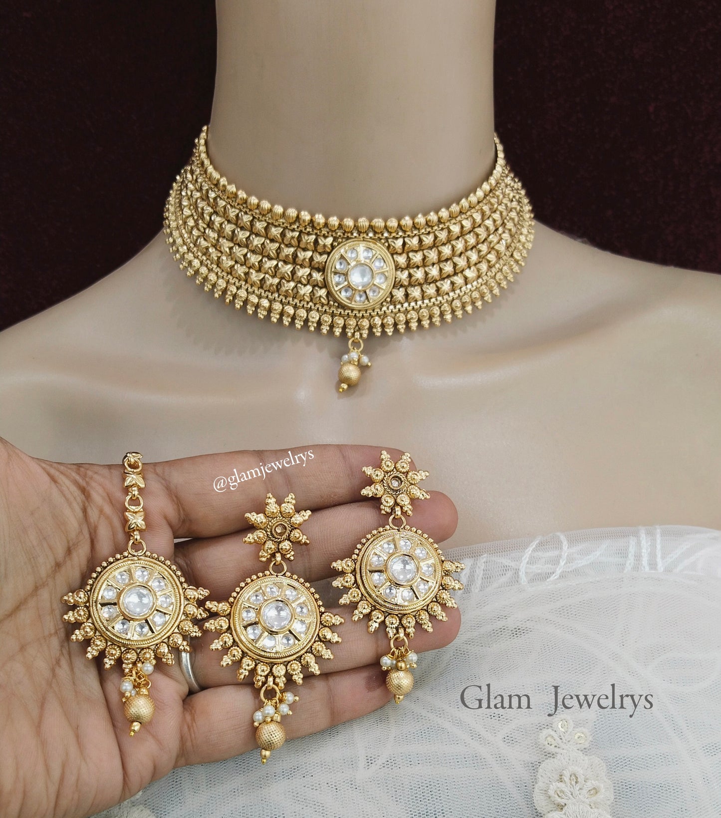 Choker Set Polki indian Jewellery choker Set/ Bollywood Style Gold Finish South Indian beams bridal Jewellery