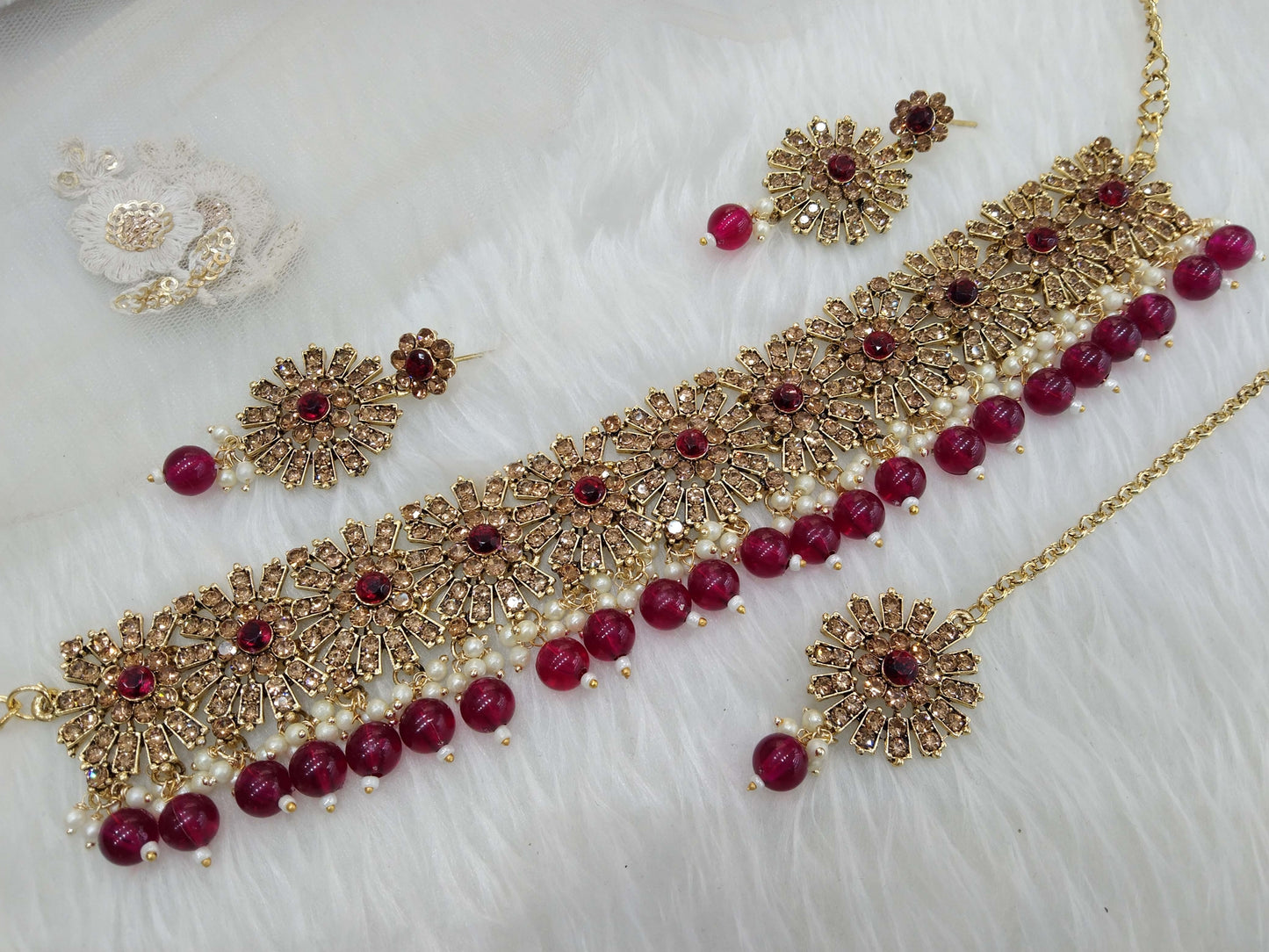Antique Gold Wedding Choker Jewellery Set/ dark gold maroon choker Indian projects Jewellery Online