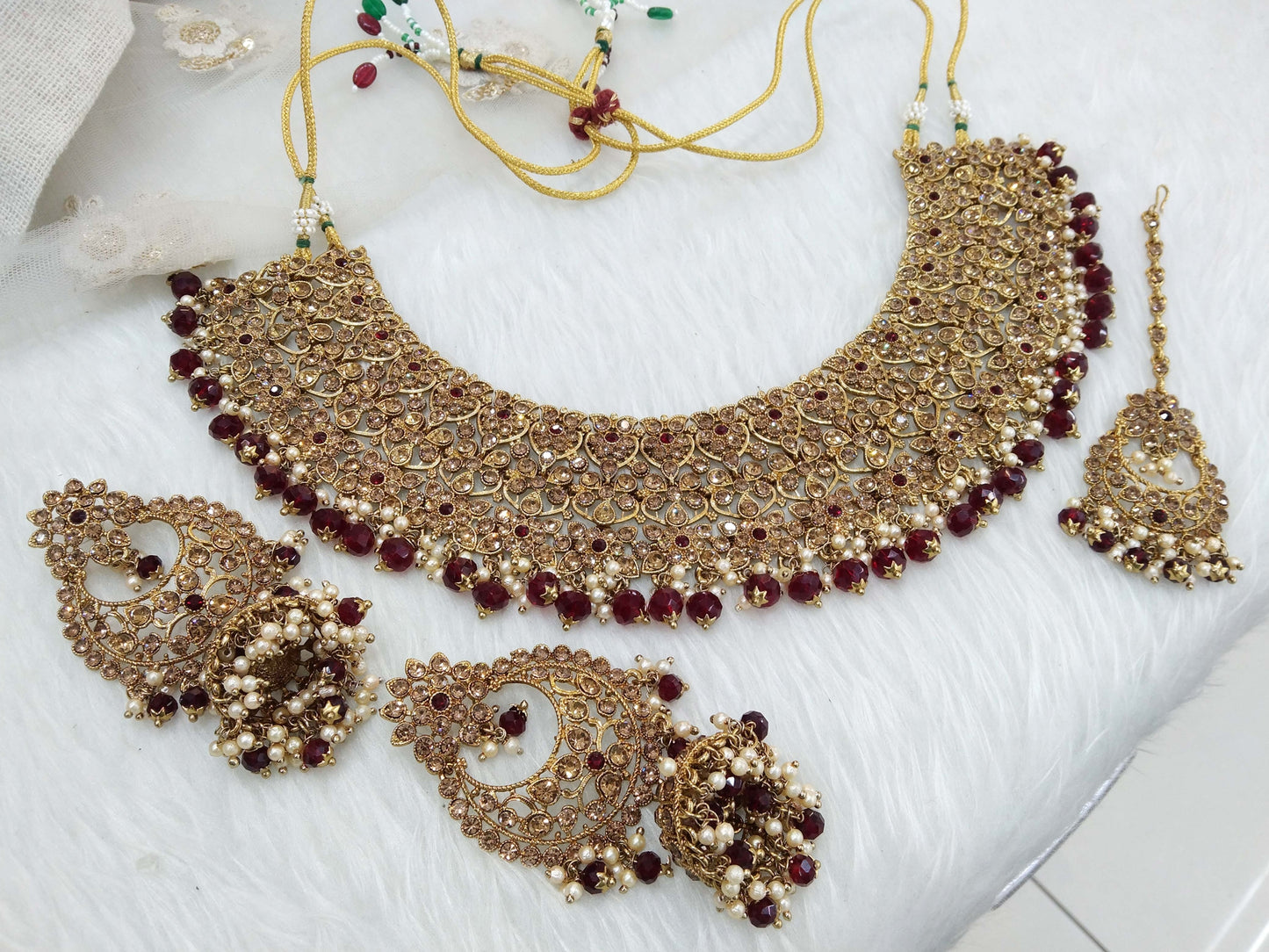 Dark Gold Maroon Necklace Set/ Indian Bridal astin Jewellery