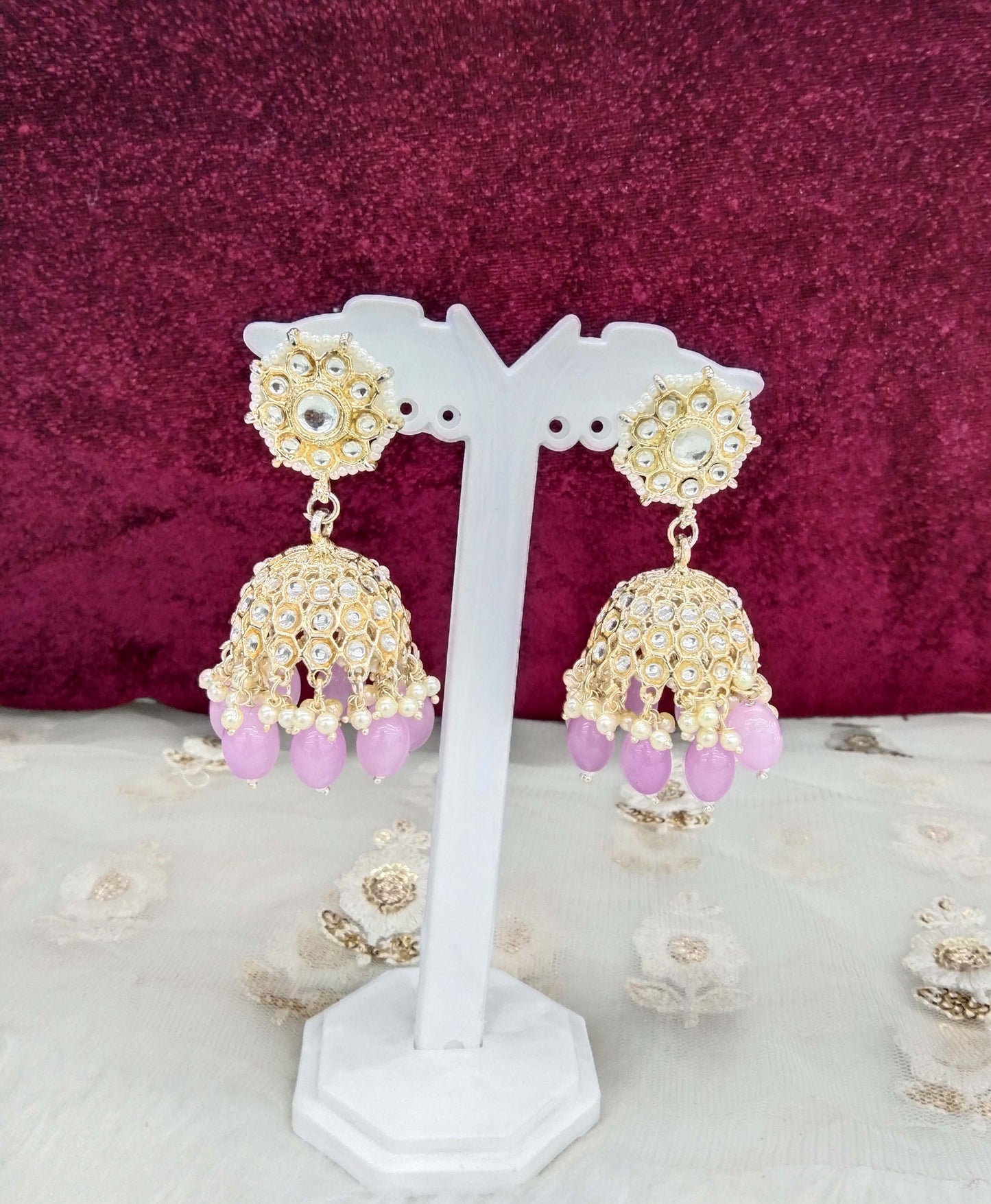 Online Indian Kundan jhumka Earrings Jewellery/ Gold Peach, lavender, sky blue, pink jhumka Earrings how Set