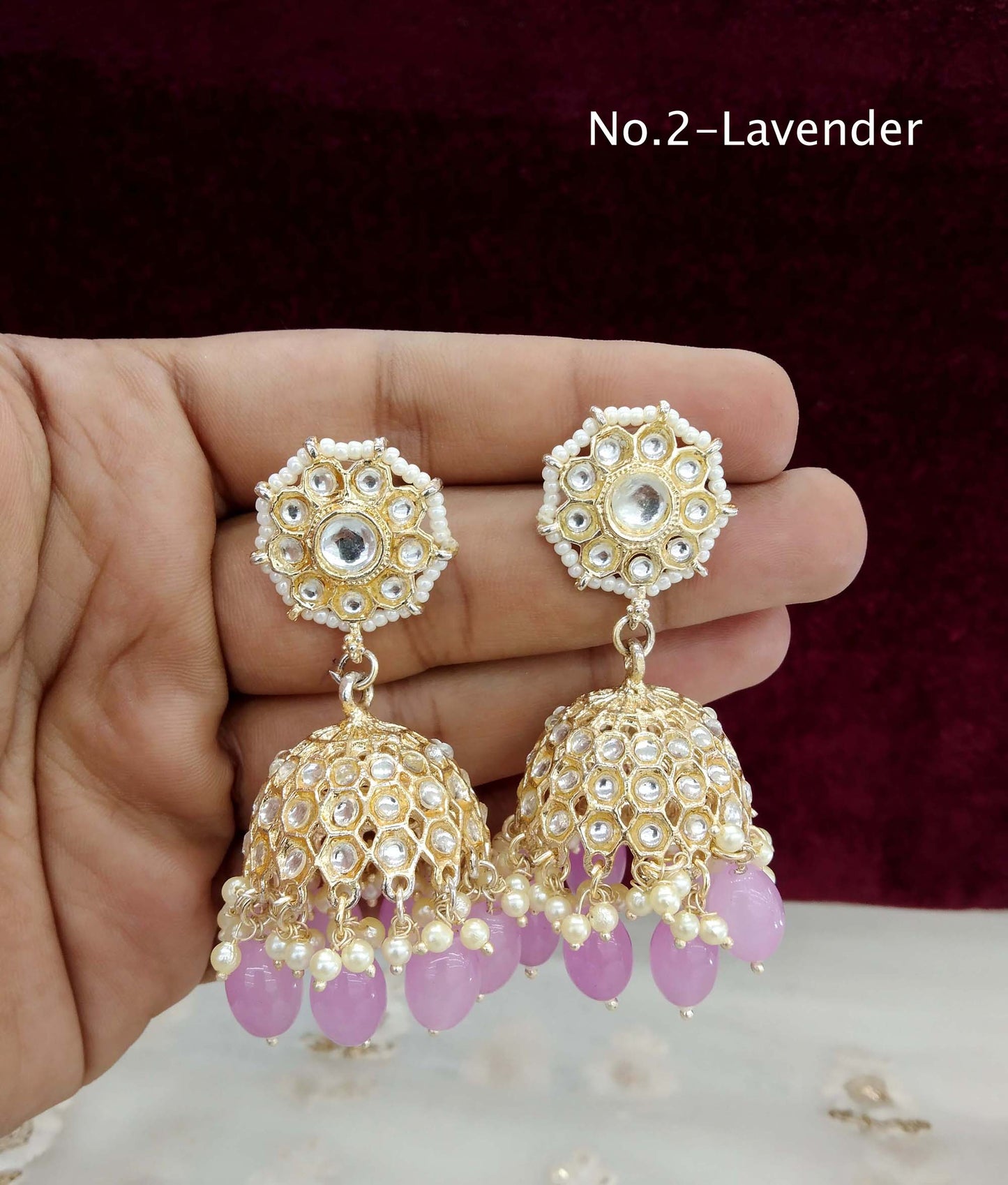 Online Indian Kundan jhumka Earrings Jewellery/ Gold Peach, lavender, sky blue, pink jhumka Earrings how Set