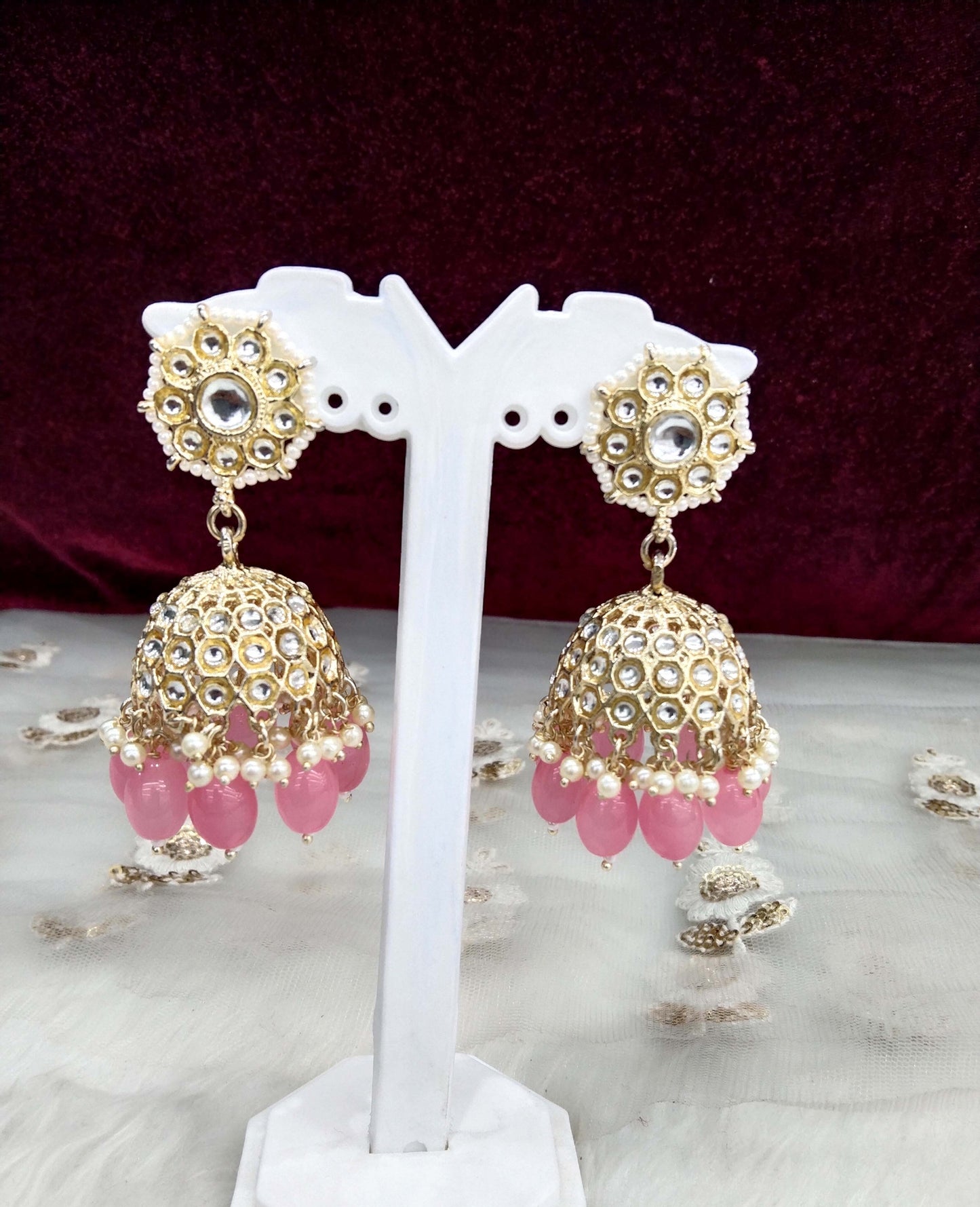 Online Indian Kundan jhumka Earrings Jewellery/ Gold Peach, lavender, sky blue, pink jhumka Earrings how Set