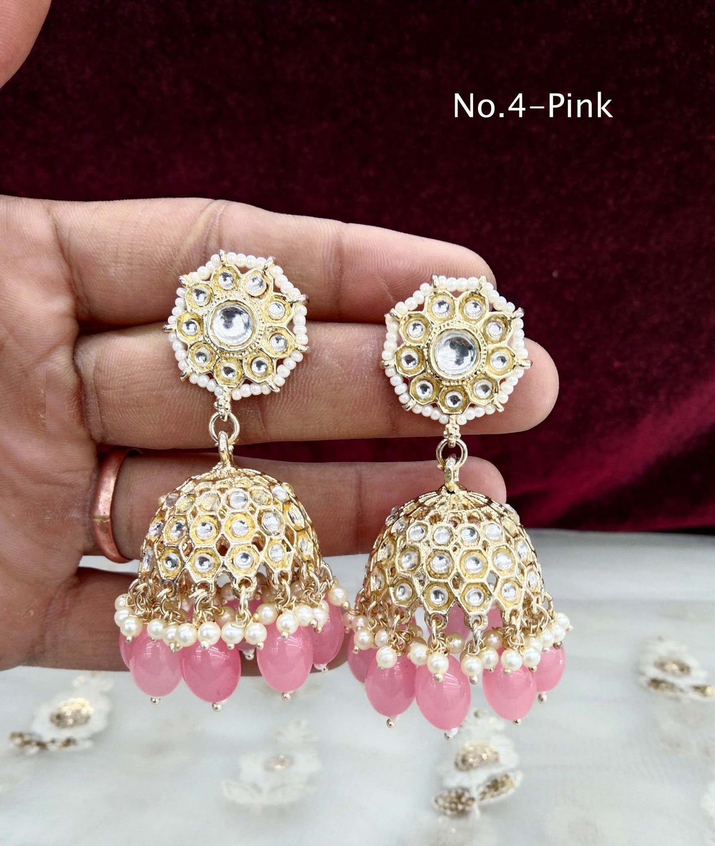 Online Indian Kundan jhumka Earrings Jewellery/ Gold Peach, lavender, sky blue, pink jhumka Earrings how Set
