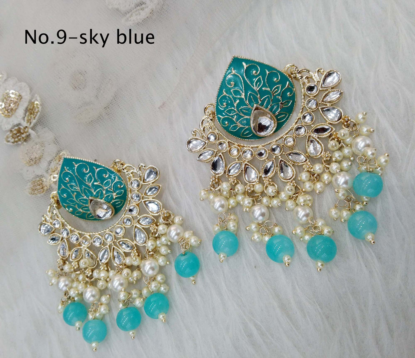 Indian Kundan chand balli Earrings Jewellery/ Gold peach, mehndi, lavender, green, mehroon, gold white,pink, sky blue Earrings log Set